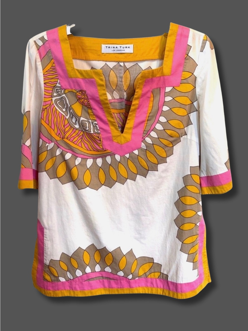 Trina Turk 100% Cotton Tunic Top S Pink Gold Medallion Print Split Neck